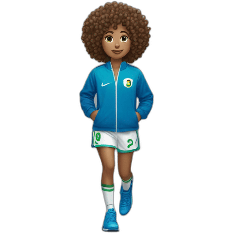 girl curly hair and a Algeria jersey blue and jogging blue, Nike blazer blue and swoosh blue with a lollipop in his mouth emoji