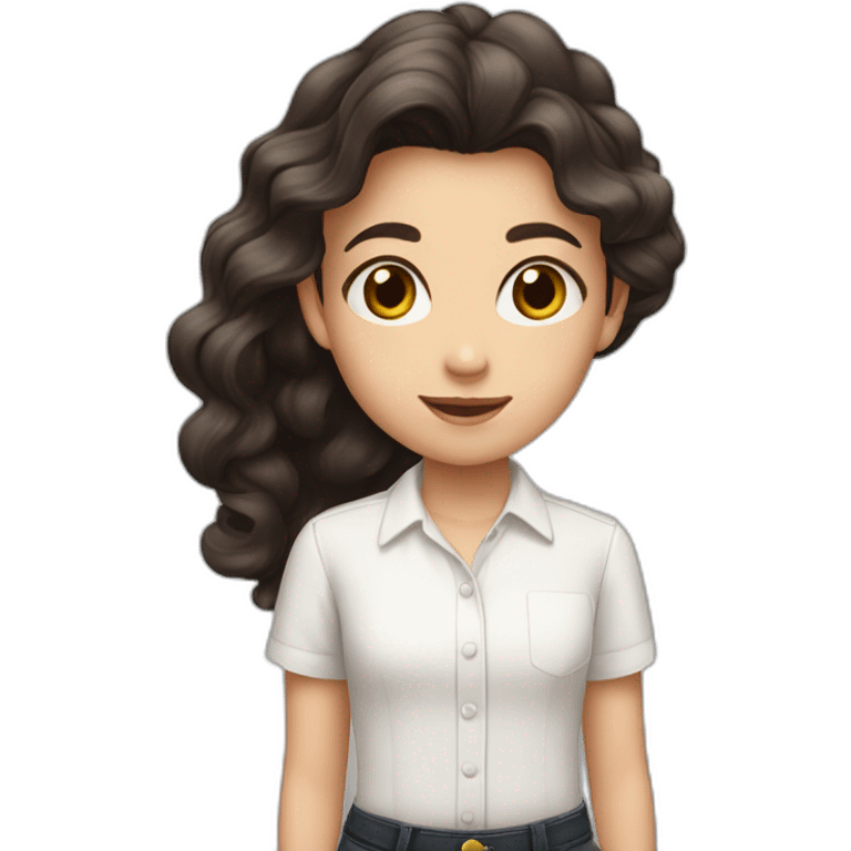 9 year old white girl with realy long dark brown waivy hair wearing a white shirt with black letters emoji