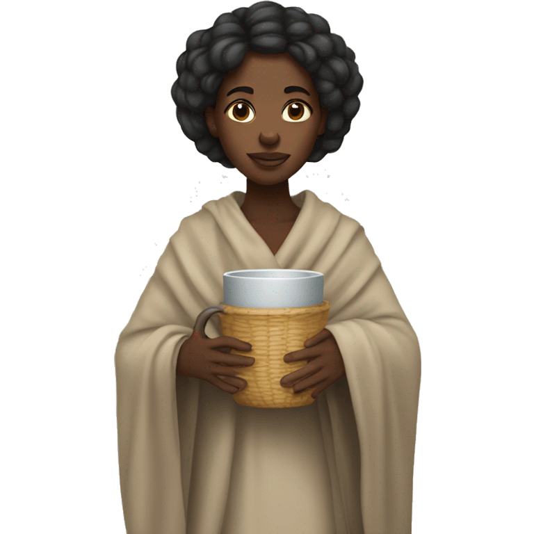 black girl wrapped in a banket with a mug in her hand emoji