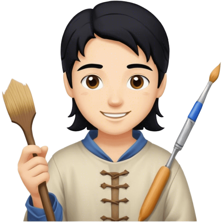 happy painter apprentice with black hair drawing, medieval age emoji