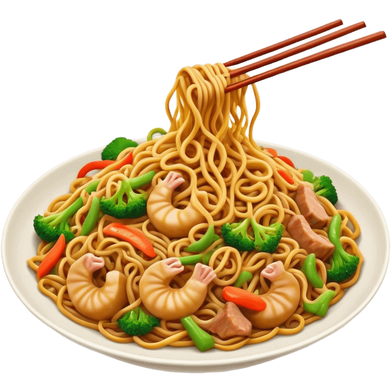 Cinematic Realistic Chow Mein Dish Emoji, showcasing stir‚Äêfried noodles with crisp vegetables and tender meat, rendered with lifelike detail and vibrant, dynamic lighting. emoji