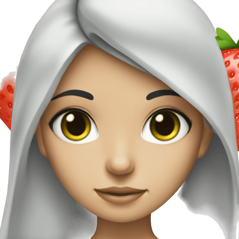 arab white girl with long black hair holding a strawberry and green eyes emoji