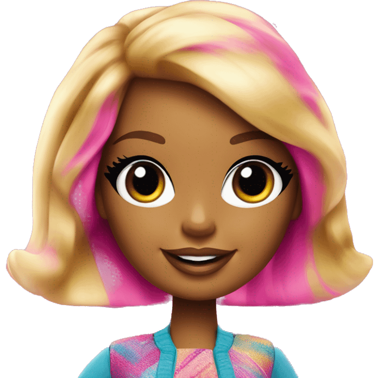 An image of a Barbie doll wearing a stylish outfit with the word 'Barbie' written across the clothing, set in a fun, vibrant background emoji