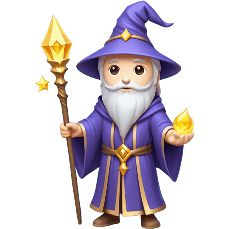 Clash of Clans aesthetic: Cinematic Playful Wizard Hero Emoji, rendered in a 3D vector-style similar to standard emojis with minimal shading and bold, simplified shapes. A compact, isometric figure draped in flowing enchanted robes and wielding a mystical staff, softly glowing with an arcane magical charm. Simplified yet unmistakably iconic, highly detailed and consistent, glowing with a soft radiant glow and high shine. Stylized with a touch of whimsical sorcery and a soft glowing outline, capturing the essence of a powerful wizard ready to cast spells with a friendly, playful spirit! emoji