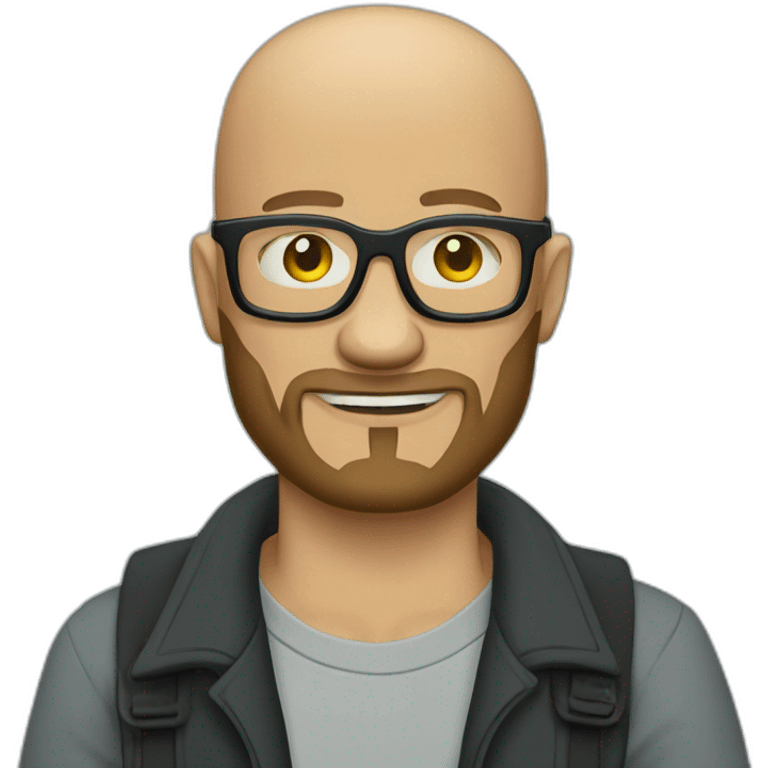 Tattooed bald man with beard and glasses, style Futurama emoji