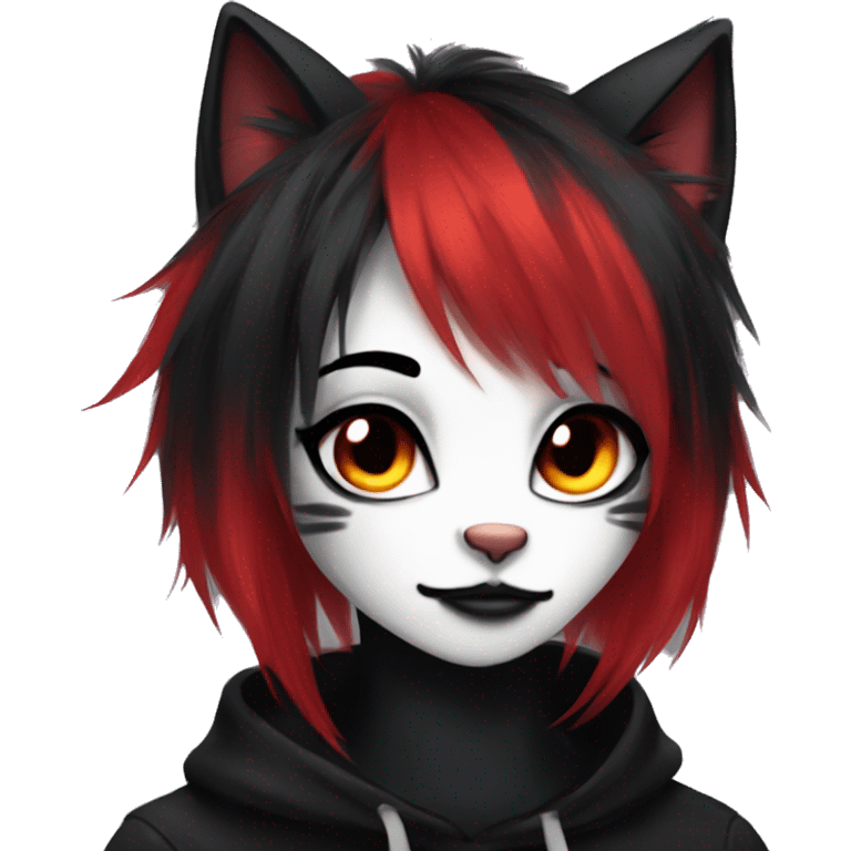 Anthro Edgy Cool Beautiful Black Cat-Fursona with Emo Hair-bangs with Red Streaks emoji