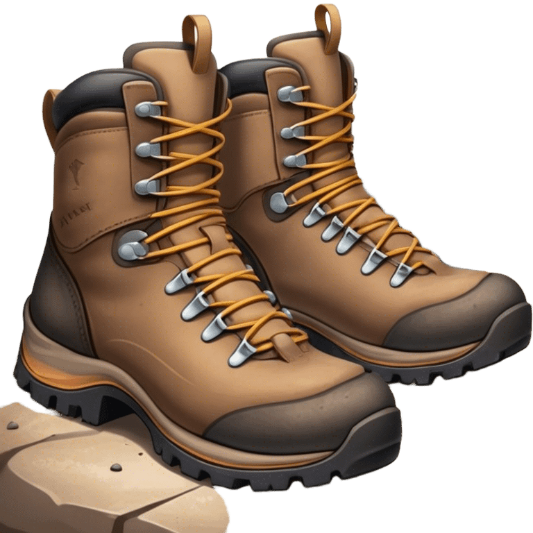 Cinematic Realistic Hiking Boots, well-worn leather boots resting on a rocky trail, scuffed edges and dirt-speckled laces adding character, glowing softly under the dappled sunlight filtering through the trees. emoji