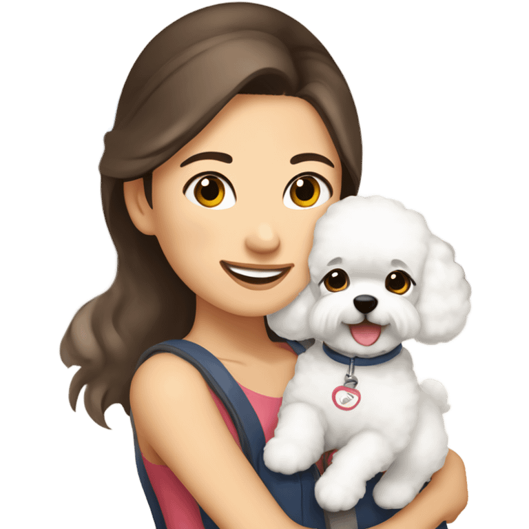 A hair-in-a-bun Asian woman, with brown hair, carrying a cute and happy Bichon Frise at the airport  emoji