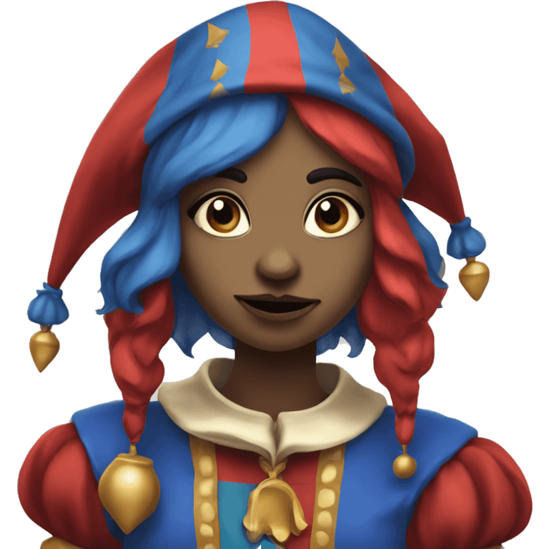 Pomni a female jester with red and blue jester clothes with a sad face emoji