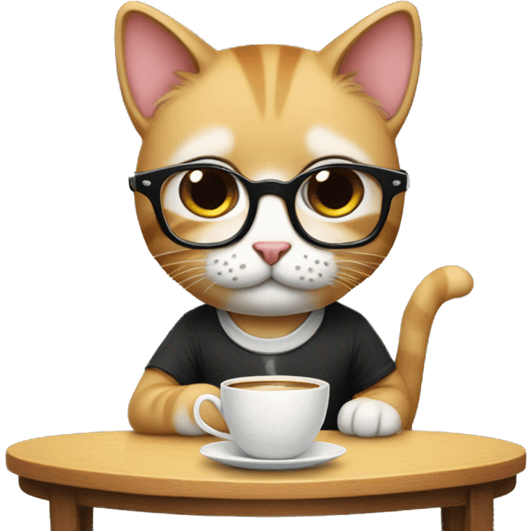 a cute cartoon cat with glasses sitting at a table drinking coffee emoji