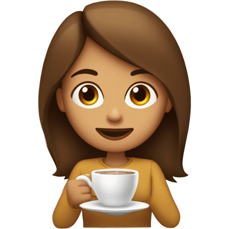 chica pelo marron tomando cafe con el laptop emoji