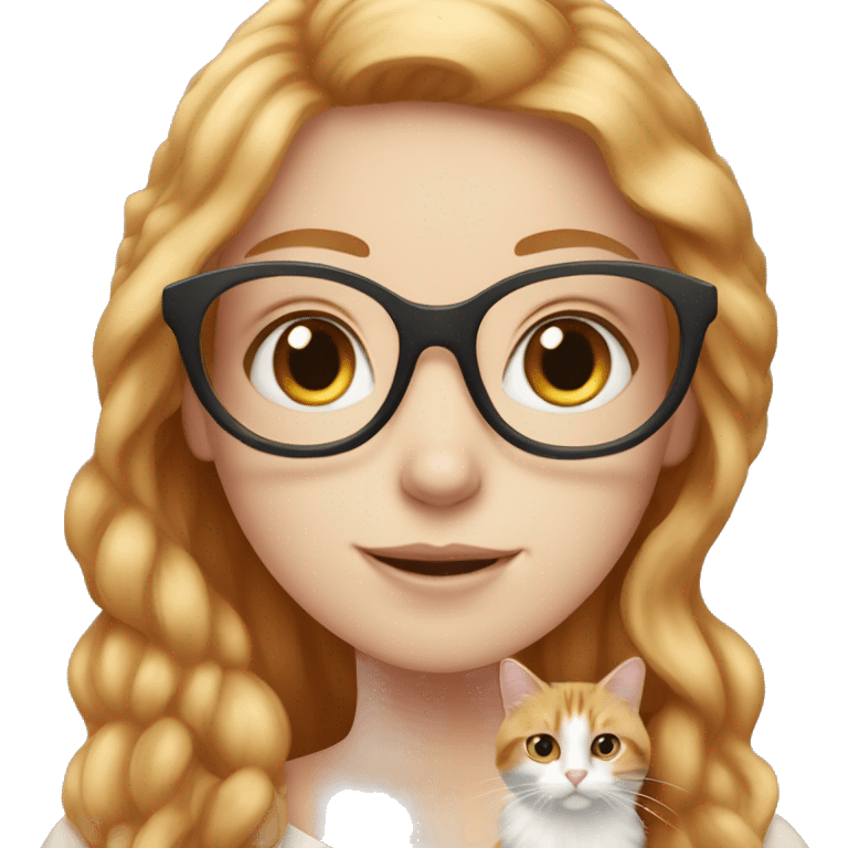 White skin strawberry-blonde haired girl with glasses holding long-haired calico cat emoji