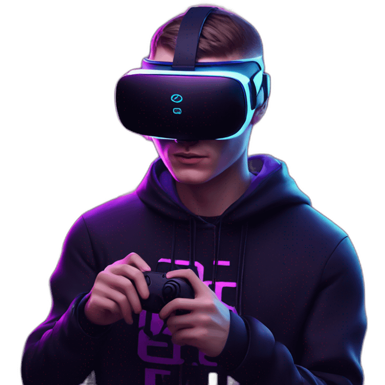 Russian young man wearing a black hoodie with "OMG" letters on it and VR headset in a cyberpunk VR environment with violet neon lighting. emoji