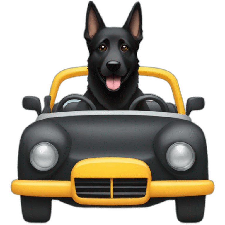 Black German shepherd driving car emoji