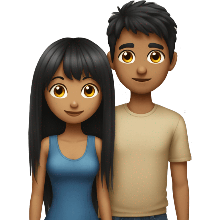 Girl with long back hair with bangs kissing boy with black hair tan skin emoji