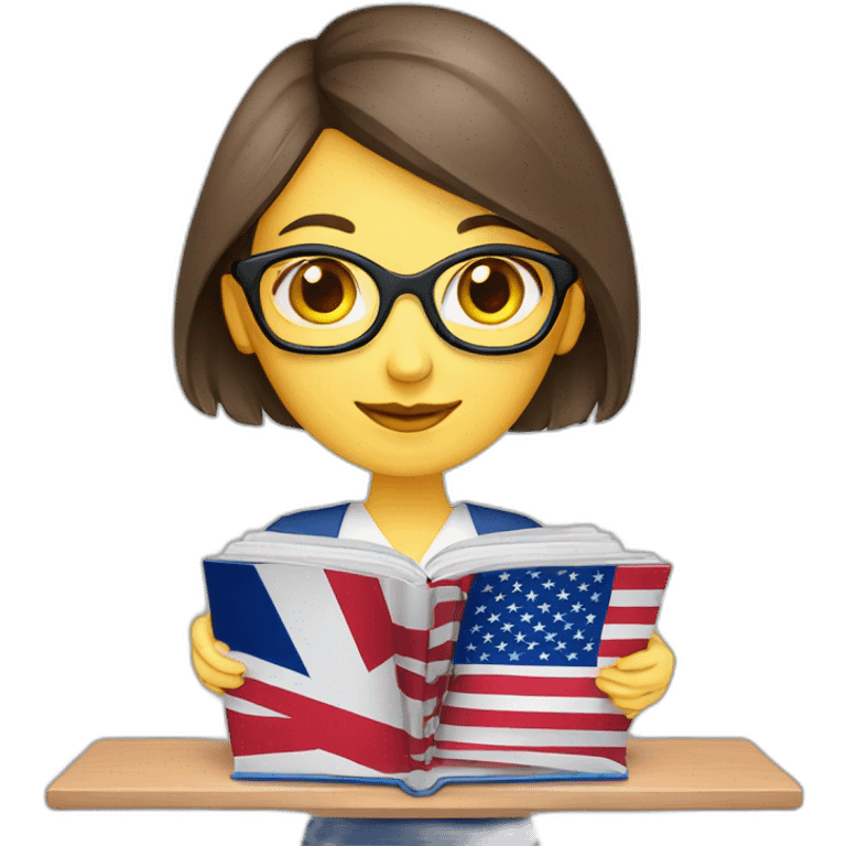 English teacher female with English book with Ukrainian flag  and usa flags emoji