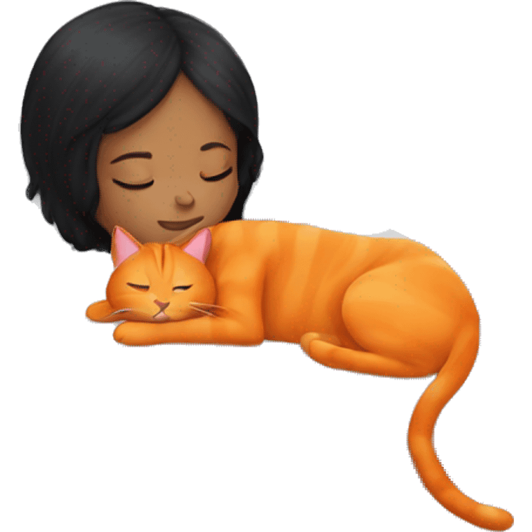 black hair girl sleeping with orange cat emoji