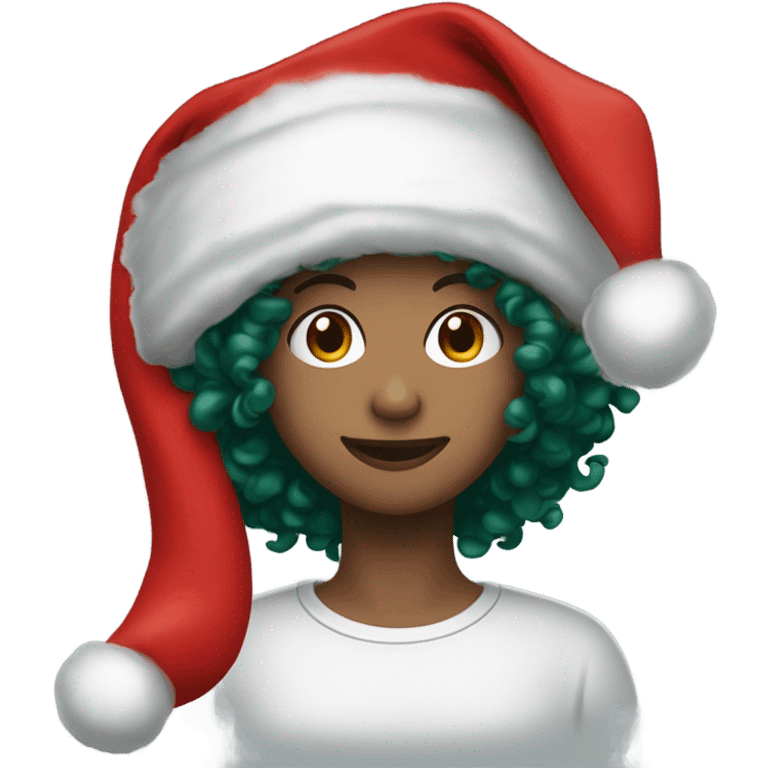 Unisex person short curly dark green hair in a red Santa hat  emoji