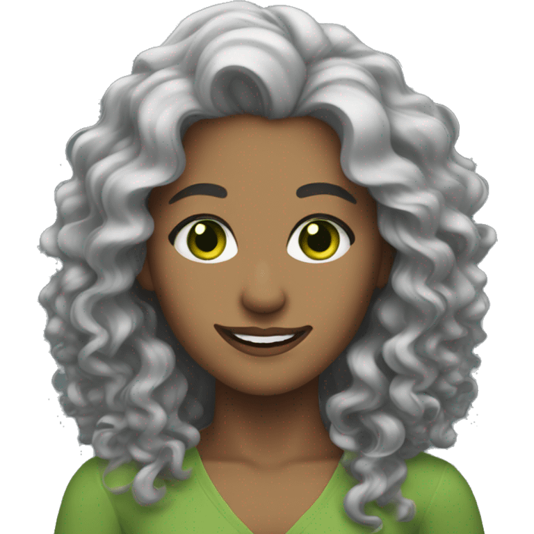 woman green eyes long, curly grey hair smiling emoji