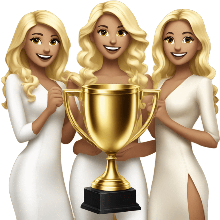 6 beautiful and stylish blonde and Latina models celebrating with 1 huge gold trophy emoji