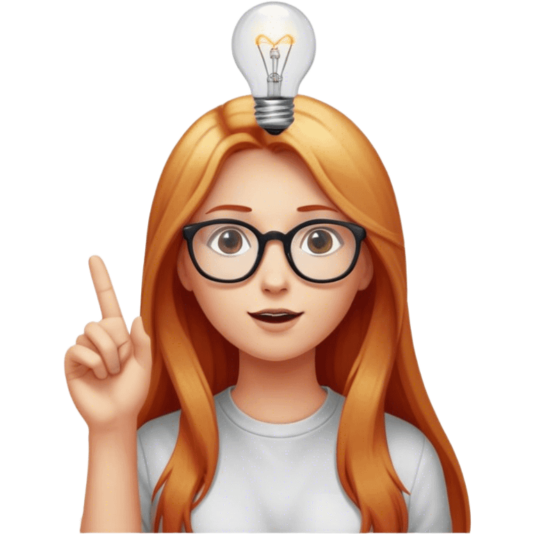 intelligent and clever, 30 year old, girl, long red and almost blond hair, glasses, has an brillant idea, one light bulb next the her head in the air, casual cloth  emoji