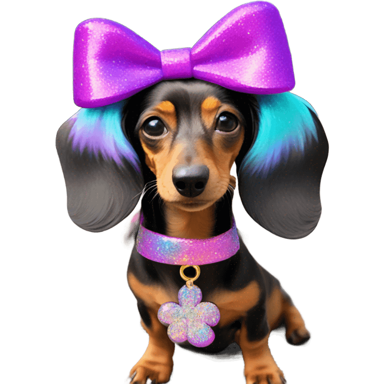 Lisa frank glitter fluffy dachshund with bows on head emoji