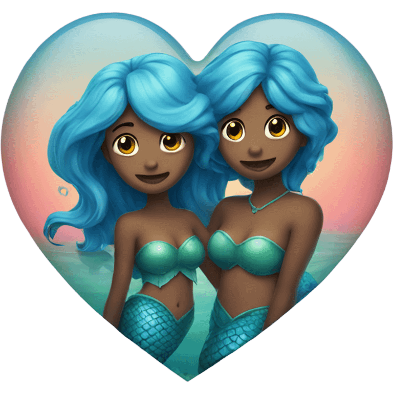 two mermaids in love and a heart emoji