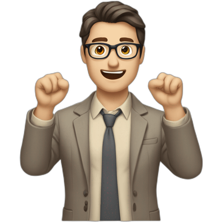 To belt Actively gesturing with hands Okay Pale skinned fit man with dark brown hair in gray jacket, beige office shirt, brown tie, brown pants and vintage glasses. emoji