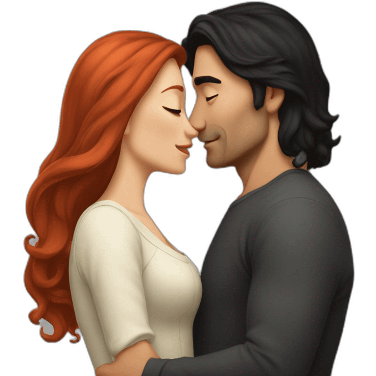 man with long black hair and no beard kissing with shorter long red-hair woman emoji