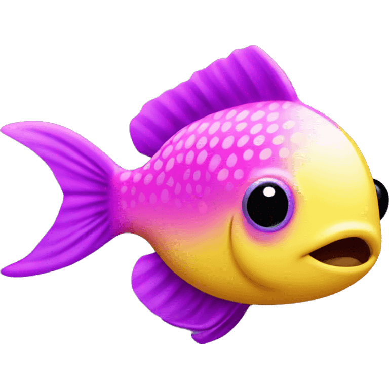 tiny fish with purpleish pink front half, neon yellow back half and black dot on top fin emoji