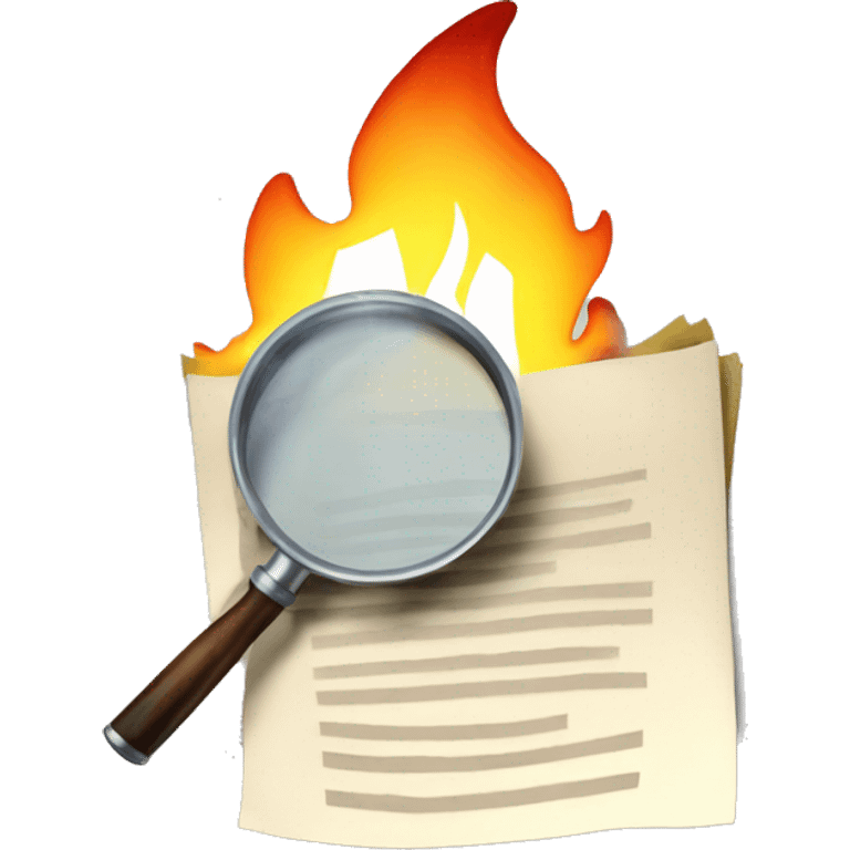 magnifying glass over some documents catching on fire emoji