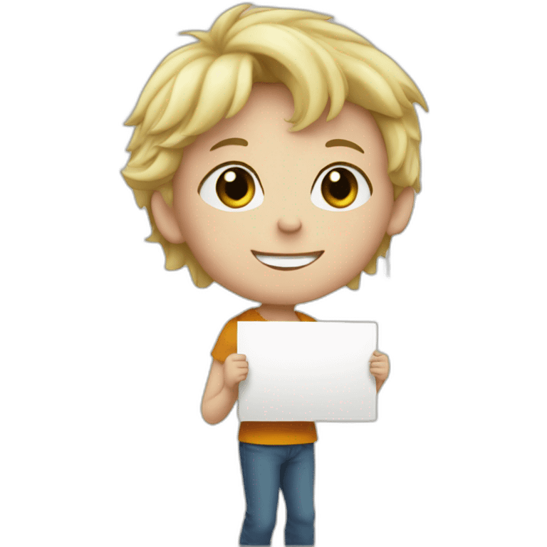 a young blond boy holding a sign , written Vivien emoji