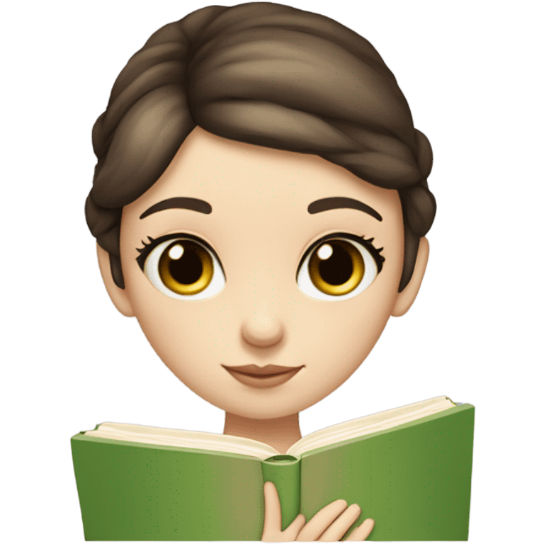 Girl with brown hair in a low bun, wispy bangs, green eyes, pale skin, reading a book emoji