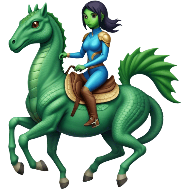 a Reptilian alien woman, full body, riding a horse emoji