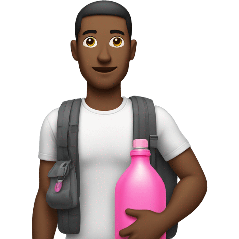 man standing with a bag on one shoulder with a pink water bottle inside the bag emoji