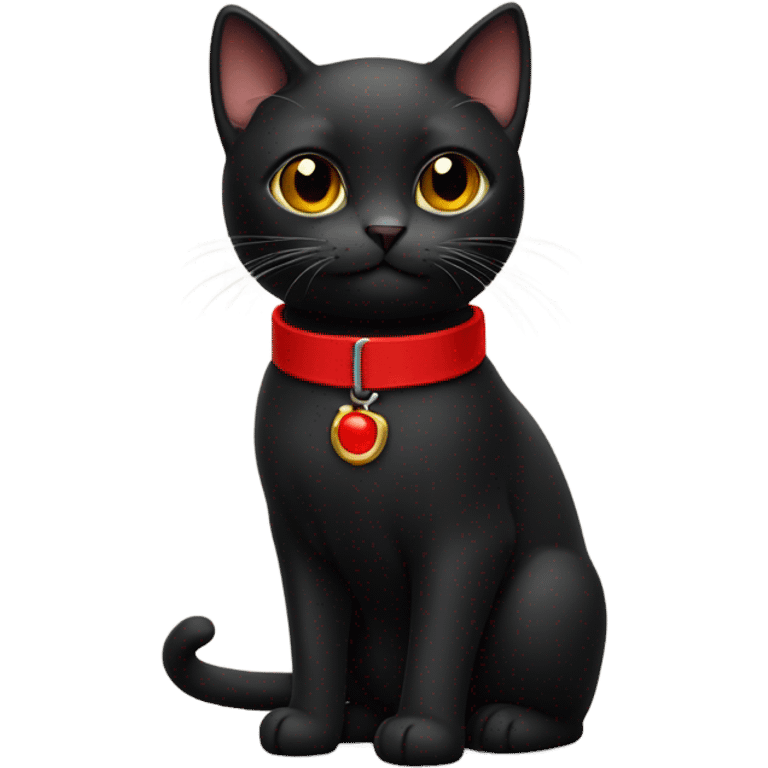 Small black cat wearing red collar with belt emoji