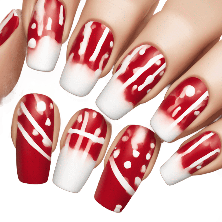 Long red and white acrylic nails on medium skin ton emoji