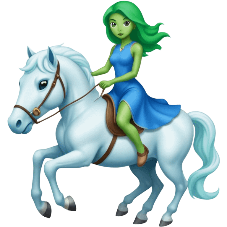 green alien woman in blue dress rides a white stallion emoji