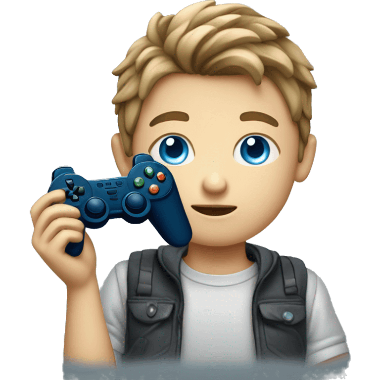 Boy with blue eyes playing videos games with a controller in hand emoji