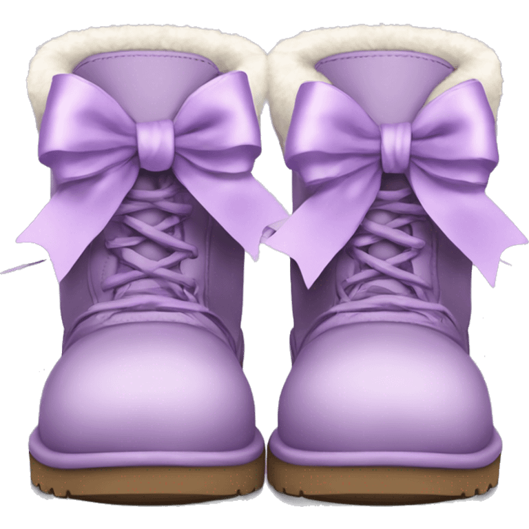 Realistic pair of light purple ugg boots with fur and laced up light purple ribbons tied into bows. emoji