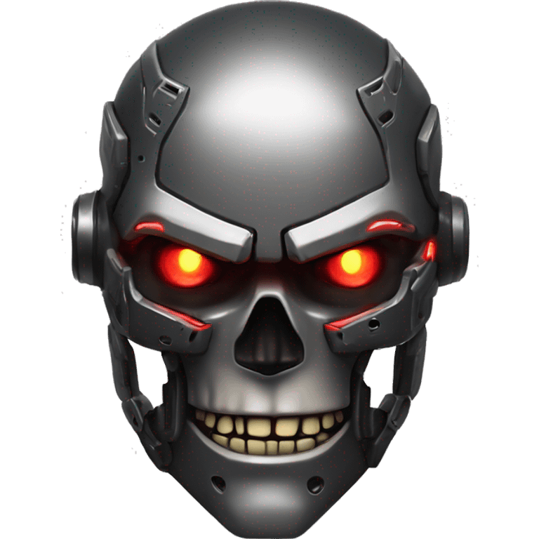 Small, intimidating emoji of a cybernetic skull with dark metallic armor, glowing red eyes, and a menacing expression, inspired by the iconic style of Adam Smasher from Cyberpunk 2077 emoji