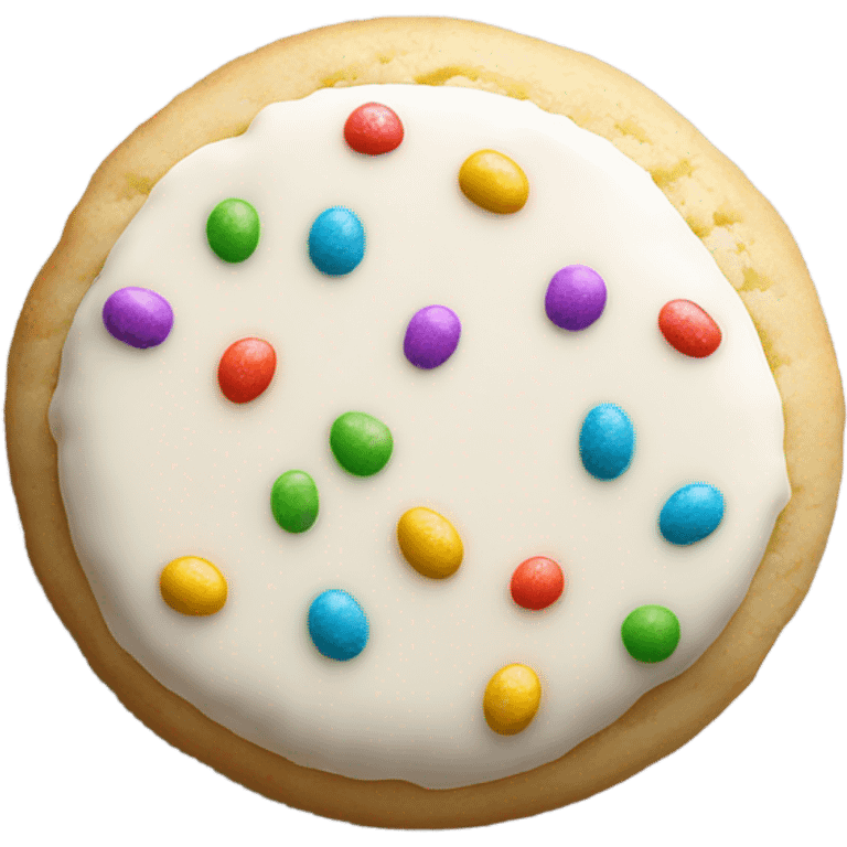 one small round italian ricotta cookie with white icing and rainbow sprinkles emoji