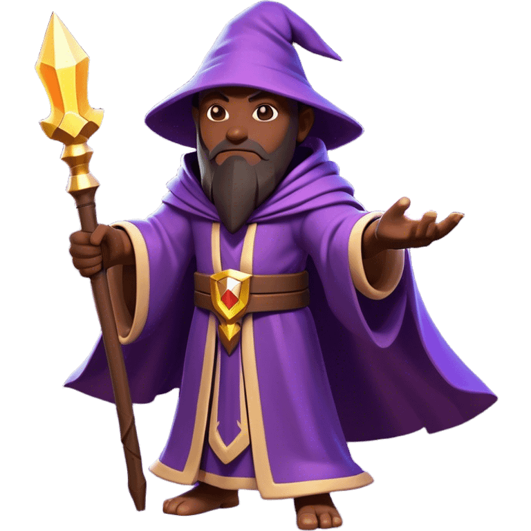 Clash of Clans aesthetic: Cinematic heroic powerful fire Wizard Hero  close up Emoji, rendered in a 3D vector-style similar to standard emojis with minimal shading and bold, simplified shapes. A compact, isometric figure draped in flowing enchanted robes and wielding a mystical staff, softly glowing with an arcane magical charm. Simplified yet unmistakably iconic, highly detailed and consistent, glowing with a soft radiant glow and high shine. Stylized with a touch of whimsical sorcery and a soft glowing outline, capturing the essence of a powerful wizard ready to cast spells with a friendly, playful spirit! emoji