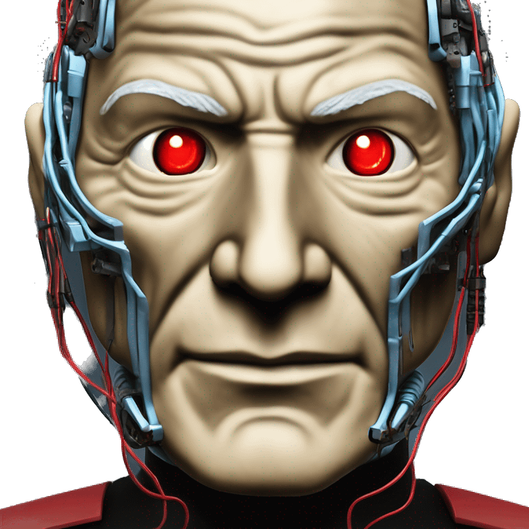 Jean luc picard from Star Trek assimilated by the Borg, with mechanical metal covering the left side of his face, with wires and a red light on the left side. His eyes are blue emoji