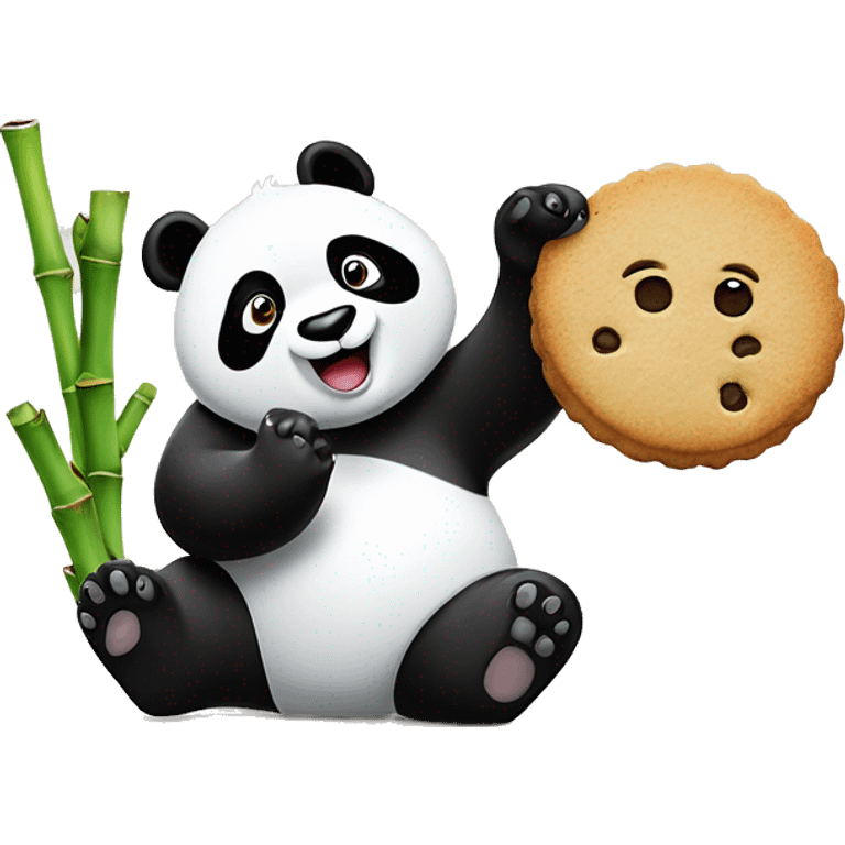 A panda waving hand with a cookie in the waving hand and bamboo in the other emoji