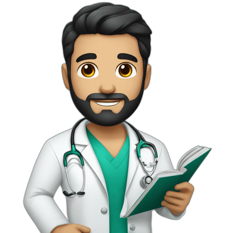 young spanish surgeon with black hair, black beard and stethoscope,reading a book emoji