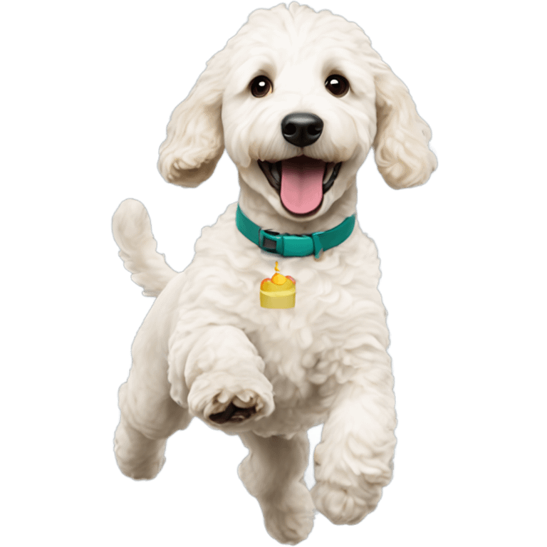 white goldendoodle jumping with birthday outfit emoji