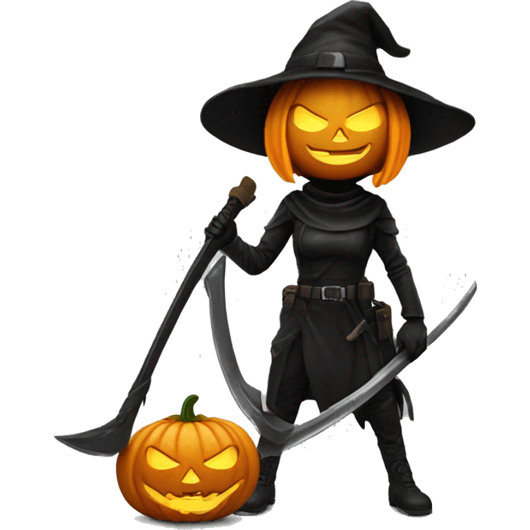 Human female pumpkin hunter with a scythe, glowing pumpkin eyes inside a black helmet, Halloween theme, emoji emoji