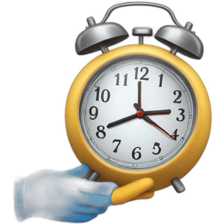 a hand wearing a blue latex glove holding an alarm clock emoji