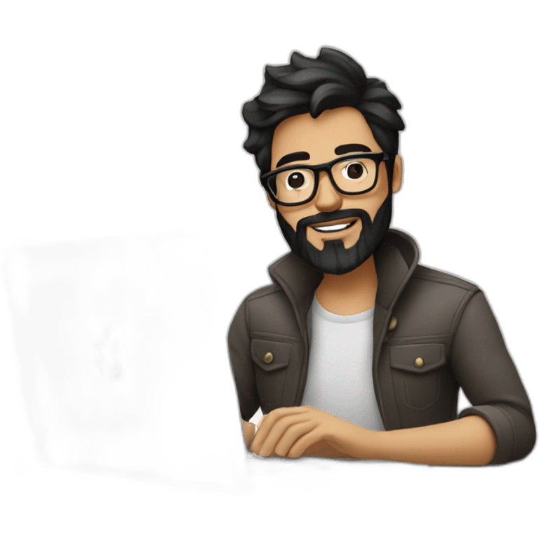 Designer with black hair, beard and glasses working with MacBook and drinking cappuccino  emoji